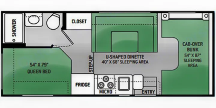 RV rental floor plan: queen bed, U-dinette, cab-over bunk, kitchen, bath layout for family adventures.. Thor Motor Coach Freedom Elite 2015