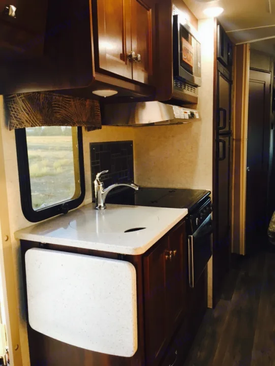 This rv rental showcases a well-equipped kitchen with sink, microwave, stove, and a fold-out counter, ideal for comfortable travel.. Mercedes Benz Forest River Forester 2017