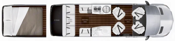 Explore this RV rental's detailed interior floor plan: private bed, versatile lounge, full galley, bathroom, and convertible dining.. Airstream Interstate 2014