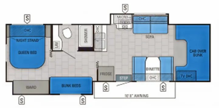 RV rental floor plan: Class C motorhome layout with queen bed, bunks, kitchen, bath, dinette, and cab-over bunk.. Jayco Redhawk 2016