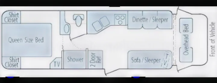 Visualize your rv rental: This floor plan details a spacious RV with queen bed, shower, kitchen, and multiple sleeping areas.. Ford Cutaway 2006