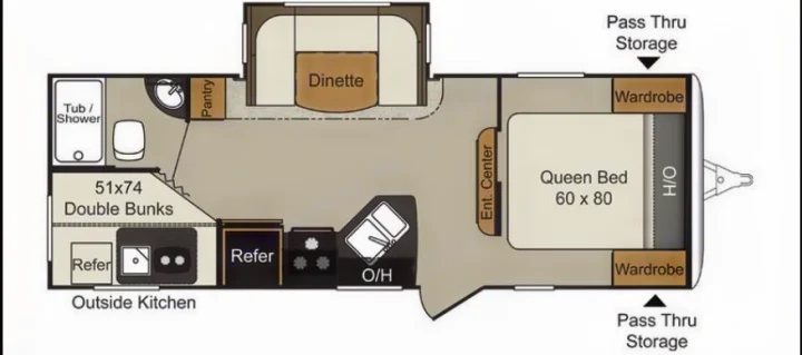 Explore this RV rental floor plan: It features a queen bed, double bunks, kitchen, bath, dinette, and pass-thru storage.. Passport BHS 2015