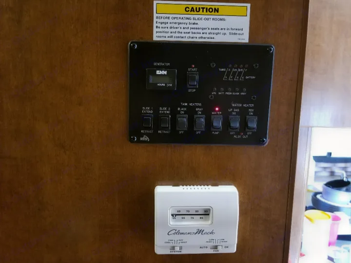 Interior control panel allows you to monitor all systems from inside, as well as gives you the ability to start the generator, operate slides, turn on water pump, and heater as well as many other features. Thermostat and ducted AC/heat allow for maximum comfort inside this coach.  . Thor Four Winds 2015