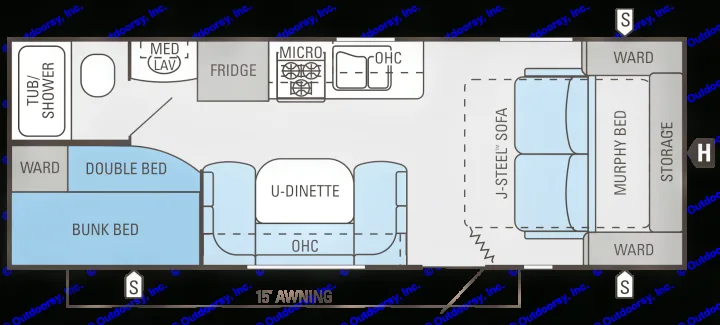 This RV rental floor plan shows the interior layout with sleeping areas (bunk, double, Murphy), kitchen, bath, and U-dinette.. Jayco Jay Flight Swift 2014