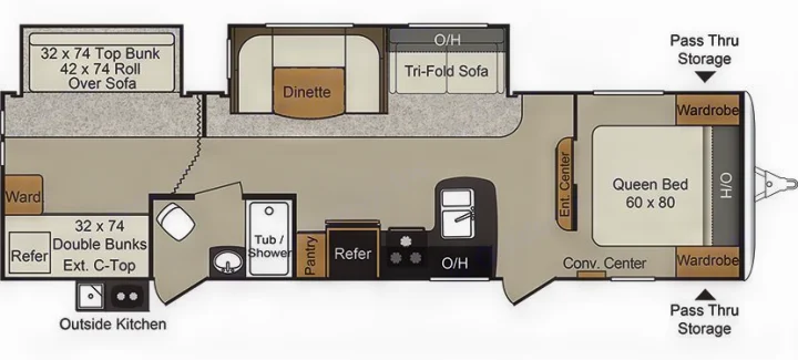 RV rental floor plan showing interior layout with queen bed, bunks, dinette, kitchen, and bathroom.. Keystone Passport 2014