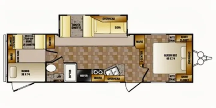 RV rental floor plan: A detailed layout showing queen bed, bunk beds, kitchen, living area, and bathroom for vacation planning.. Crossroads Zinger 2012