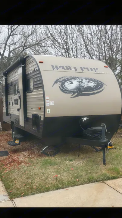  This would be a view of the front of the Travel trailer with gas hook up towing system and  leveling system .. Forest River Wolf Pup 2017