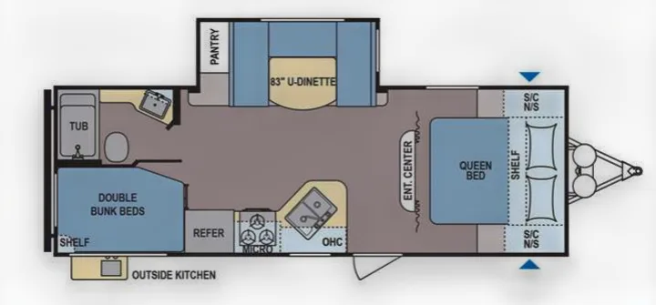 RV rental floor plan shows a queen bed, double bunk beds, kitchen, bathroom, U-dinette, and an outside kitchen.. Coleman Lantern 2018