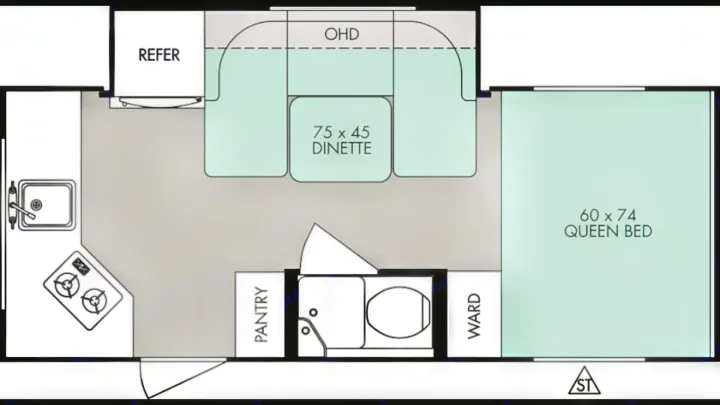 Floor plan: great floor plan. We chose this floor plan because it has a hanging locker and the kitchen is in the rear of the pod. We put boxes above the bed for more storage.. Forest River R-Pod 179 2016
