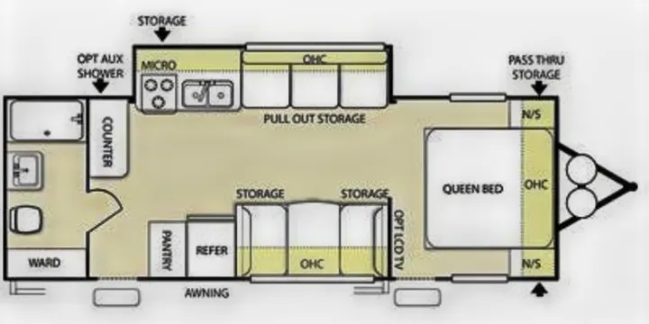 RV rental floor plan. Detailed interior layout featuring queen bed, kitchen, bath, living area & various storage options.. Forest River Wildwood 2011