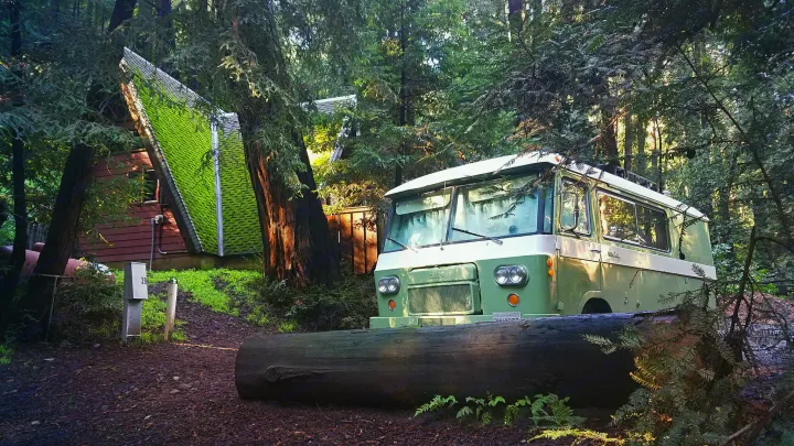 Unique RV rental alongside a mossy A-frame cabin in a serene redwood forest, offering a tranquil nature retreat.. Clark Cortez 1966
