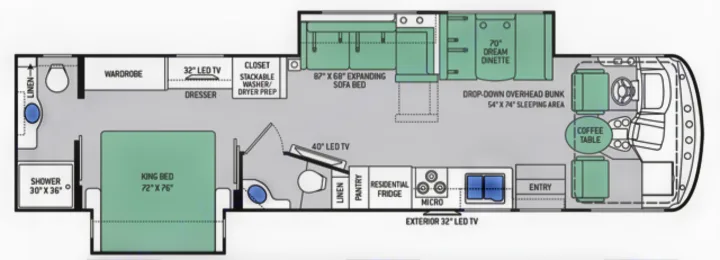 RV rental floor plan: A motorhome layout showcasing a king bed, kitchen, living area with sofa bed and dinette, bathroom, and driver's cockpit.. Thor Motor Coach 35m 2017