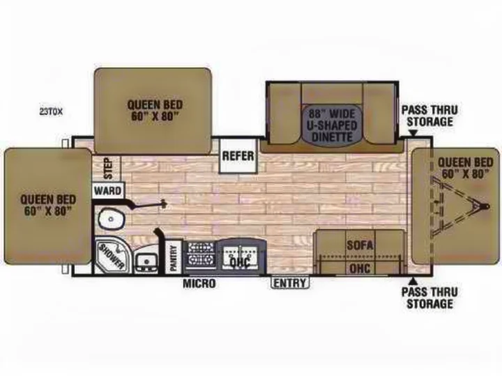 Spacious rv rental floor plan: 3 queen beds, U-dinette, full kitchen, bath, & sofa for comfortable travel.. Coachmen Freedom Express 2018