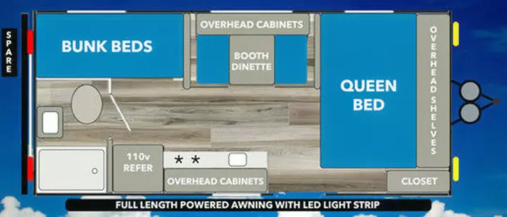 An RV rental floor plan highlighting a queen bed, bunk beds, booth dinette, kitchen space, and storage for comfortable travel.. Riverside Rv Dream 175BH 2018