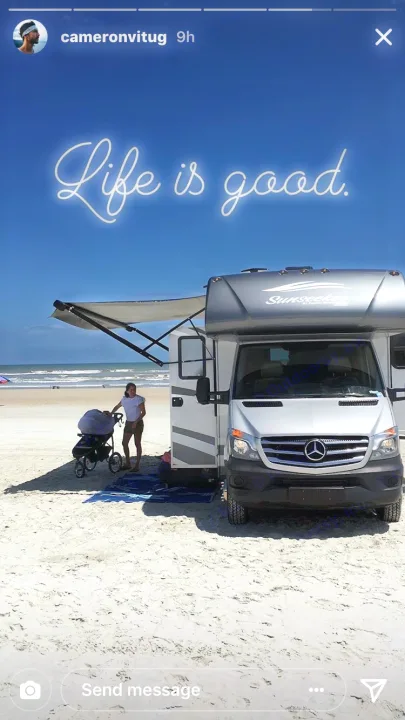 Life's good! Beachfront RV rental adventure. Sunseeker motorhome parked on sand, person with stroller by the ocean.. ForestRiver Sunseeker 2018