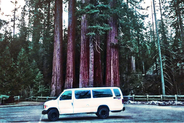 White van (RV rental) parked among colossal redwood trees in a national park. Explore nature!. Ford E350 2000