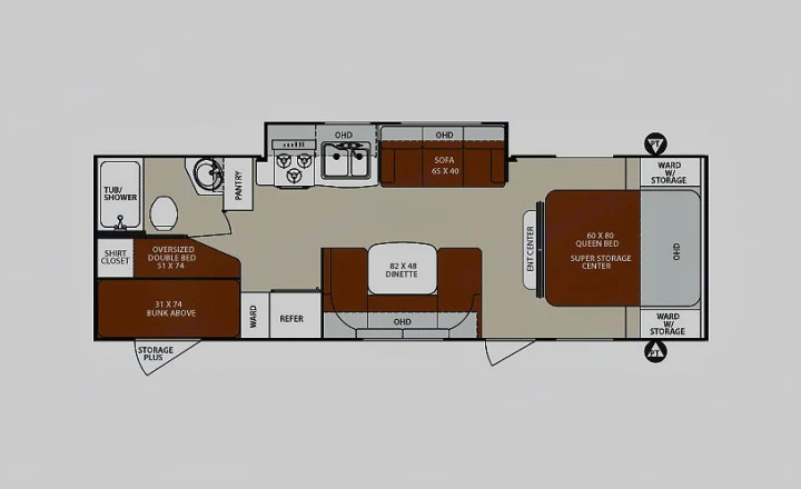 This detailed RV rental floor plan highlights a practical interior layout with a queen bed, dinette, kitchen, bath, and bunk beds.. Forest River Surveyor 2014