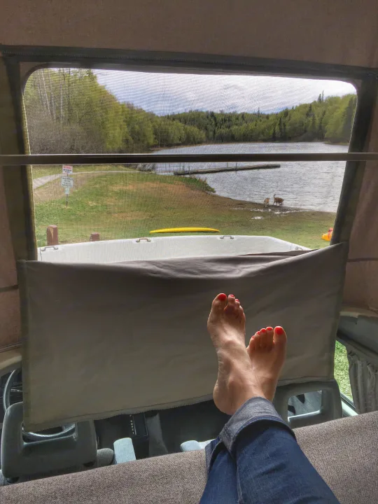 Inside an RV rental: feet with red nail polish, viewing a lake with dogs and trees through a screen.. Volkswagen Weekender 1991