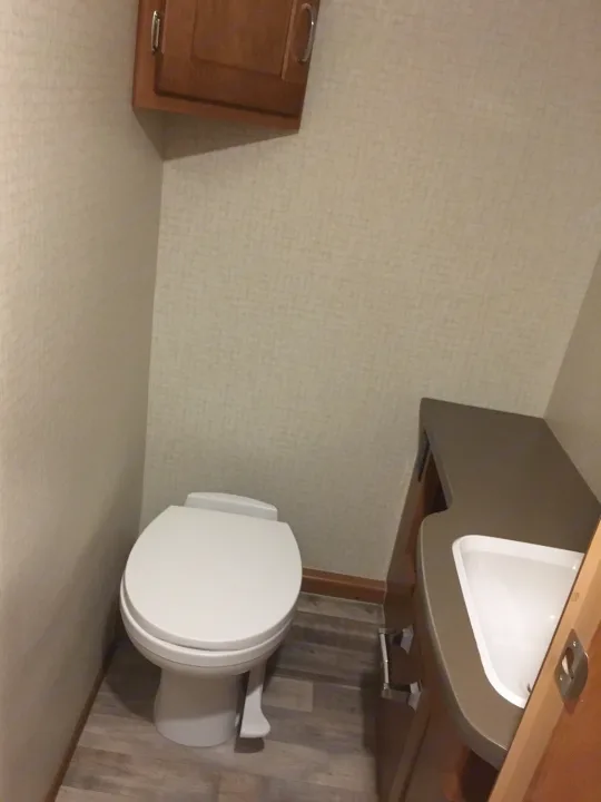 RV rental bathroom with white toilet, compact sink and vanity, plus a wooden wall cabinet.. Winnebago Minnie Winnie 2017