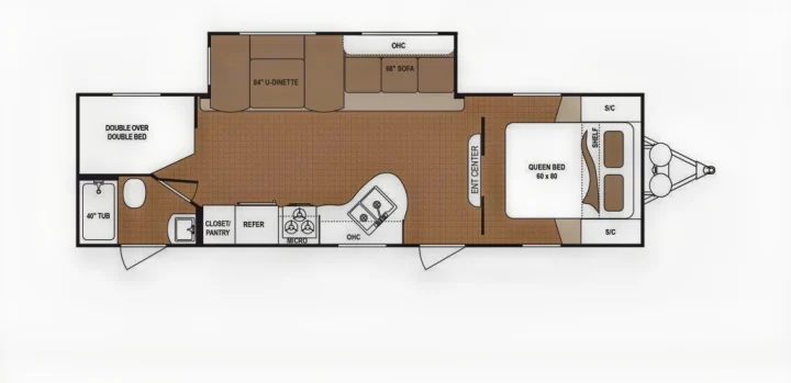 Explore this RV rental floor plan: queen bed, U-dinette, sofa, full kitchen, bath with tub, and double bunk beds.. Dutchmen Aspen Trail 2018