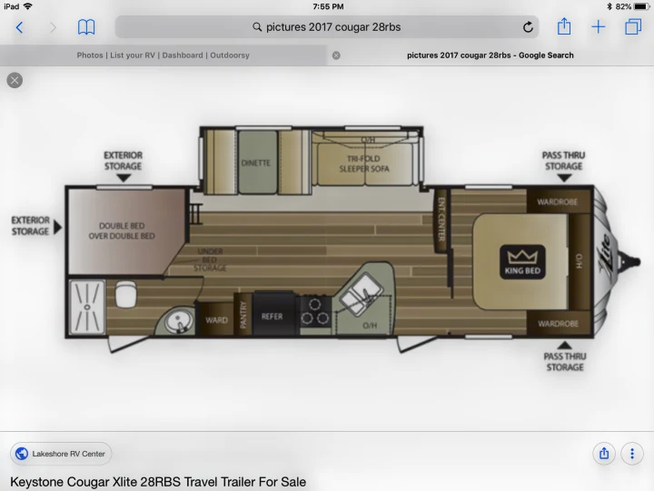 Floor plan of a Keystone Cougar Xlite 28RBS Travel Trailer, ideal for rv rental; shows beds, kitchen, bath layout.. Keystone Cougar Half-Ton 2017