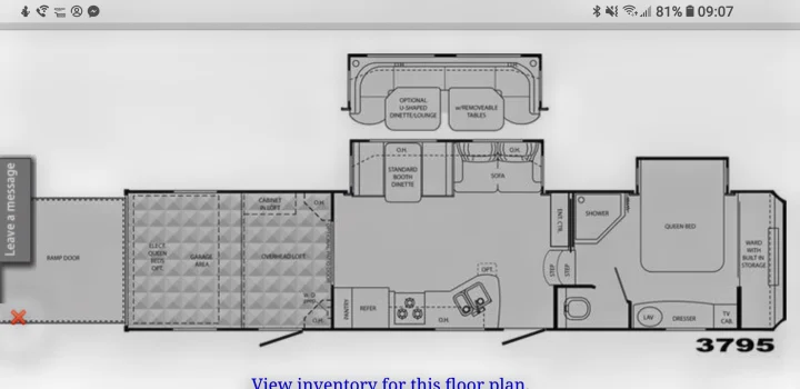 An RV rental floor plan (model 3795) showing interior layout with rear garage & ramp door, queen bed, kitchen, bath, and living areas.. Heartland Cyclone 2009