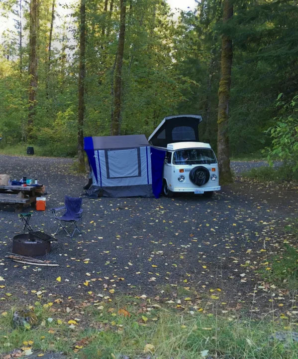 Camping in style with the attached tent. Volkswagen Westfalia 1974