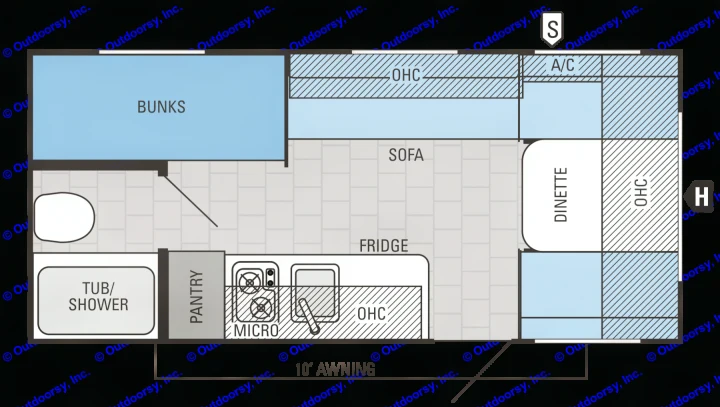 RV rental floor plan detailing interior with bunks, kitchen, dinette, and bath for your travel needs.. Jayco Jay Flight SLX 2015