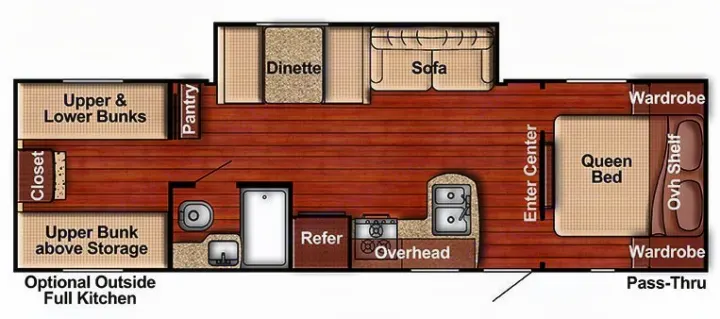 RV rental floor plan: Queen bed, bunks, kitchen, dinette, sofa, and bath layout for family adventures.. Jayco Sport 2019
