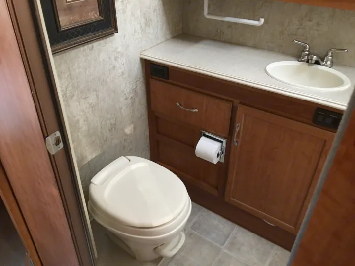 Compact RV rental bathroom: white toilet, small sink, and wood vanity with a built-in toilet paper holder and wall switches.. National Surf Side 2006