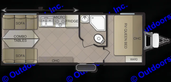 RV rental floor plan details 13' travel trailer interior: sofas, kitchen, bath, RV queen bed.. Pacific Coachworks Blaze'N 2019