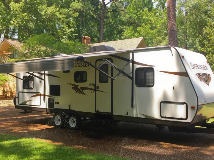 Large awning with LED lighting . K-Z Manufacturing Sportsmen 2016