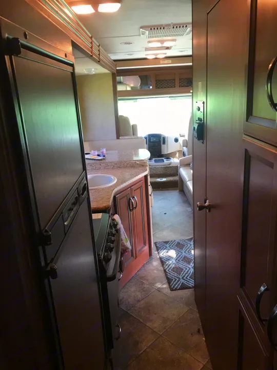 View from the bedroom, with slider retracted. Thor Motor Coach A.C.E 2014