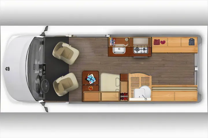 RV rental interior floor plan. Shows a cozy camper layout with kitchen, living area, and bed for travel comfort.. Hymer Aktiv 2018