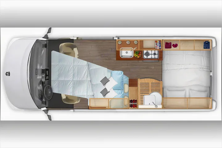 RV rental floor plan: A top-down view of a motorhome interior, detailing kitchen, two beds, bathroom, and driver's cab.. Hymer Aktiv 2018