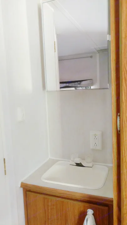 Inside an RV rental: a compact bathroom vanity with a white sink, mirror, and electrical outlet above a wood cabinet.. Fleetwood Prowler 2002