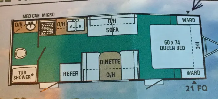 Visualize your RV rental with this detailed floorplan showing queen bed, kitchen, bath, dinette, and sofa layout.. Forest River Viking 2018