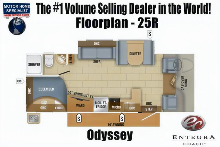Entegra Odyssey 25R RV rental floorplan. See queen bed, dinette, shower, kitchen, and cab over bunk layout.. Other Other 2019