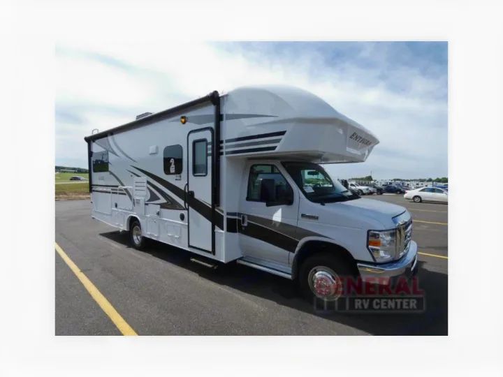 White "Enturia" Class C RV rental, with black/gray side graphics, parked on asphalt.. Other Other 2019