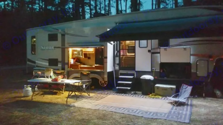 all set up for camping at night. Forest River Sabre 2015