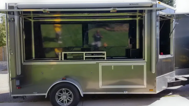 Specialty rv rental: a mobile entertainment trailer with dual screens & gaming gear for events.. GameDay Mobile Marketer GameDay Mobile Marketer 2020