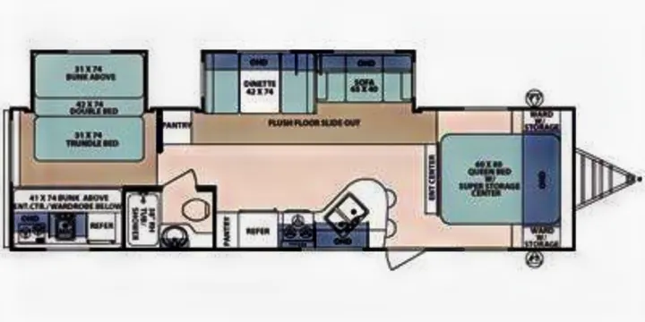 RV rental floor plan, offering a detailed layout with queen bed, bunks, dinette, and kitchen for a comfortable journey.. Forest River Surveyor 2010