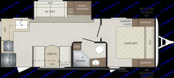 This RV rental floor plan showcases a spacious travel trailer layout with a queen bed, kitchen, dinette, and sofa for comfortable travel.. Keystone Bullet 2018