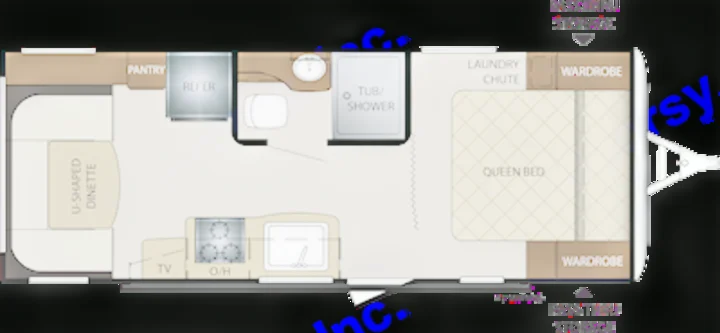RV rental floor plan: U-shaped dinette, kitchen, bath, queen bed, and storage. Ideal travel trailer layout.. Keystone Bullet 2018
