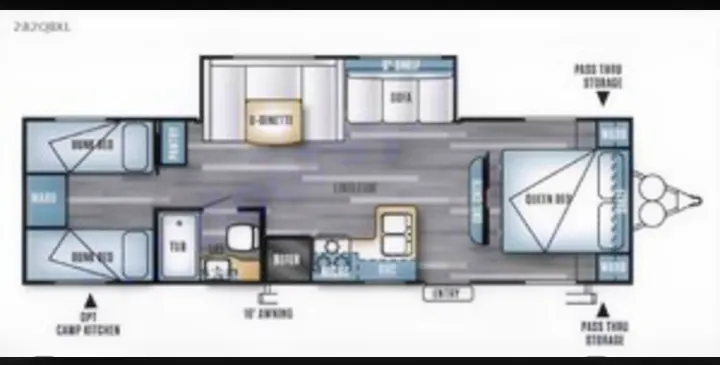 RV rental bunkhouse travel trailer floor plan, 282QBXL model. Shows queen bed, bunks, dinette, kitchen, and bath.. Forest River Salem Cruise Lite 2020