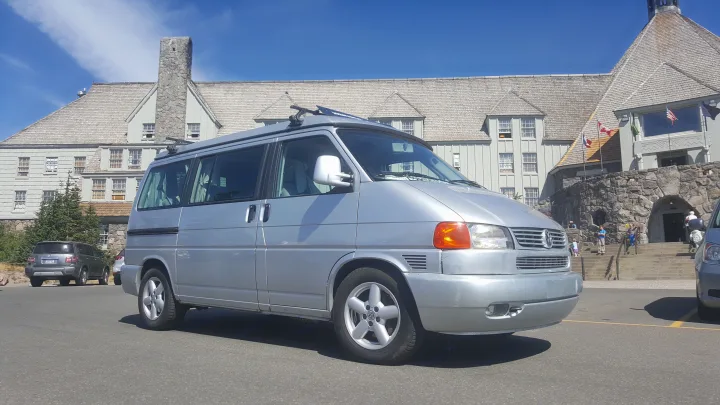 Silver VW camper van (like an RV rental) at Timberline Lodge, Mt.. Volkswagen Westfalia 2002