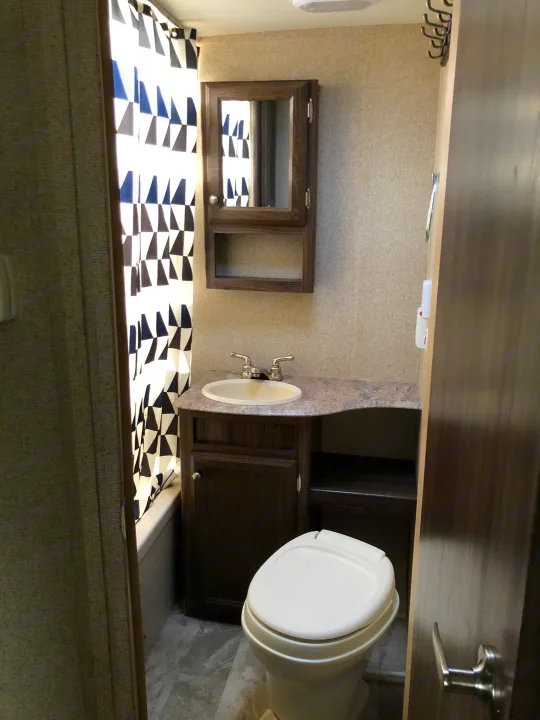 rv rental bathroom: practical and compact, with shower, sink, toilet, and mirrored cabinet.. Coachmen Apex 2018