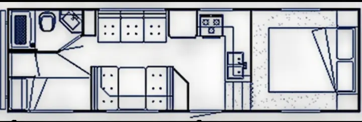 RV rental floor plan: overhead view detailing bathroom, kitchen, living area, and master bedroom layout.. Frontier FW255 2012