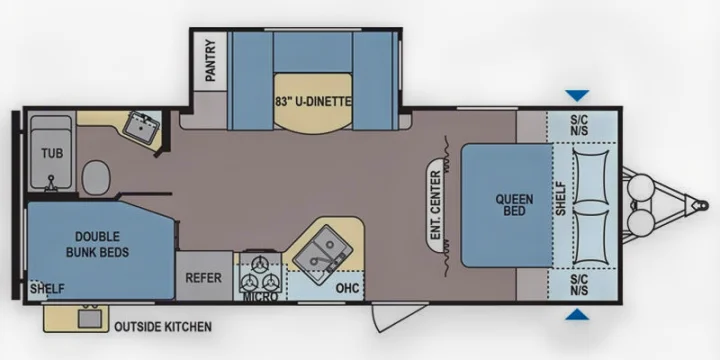 Detailed RV rental floor plan shows a queen bed, double bunk beds, full kitchen, bathroom, and U-dinette for comfortable travel.. Coleman 244BH 2017