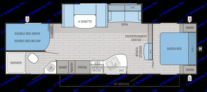 RV rental floor plan: layout with queen bed, bunk beds, kitchen, bath, and living space.. Jay Flight 287 BHSW 2016